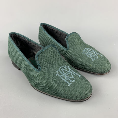 SHIPTON Size 8 Forest Green Woven Silk Embroidery Slippers Loafers