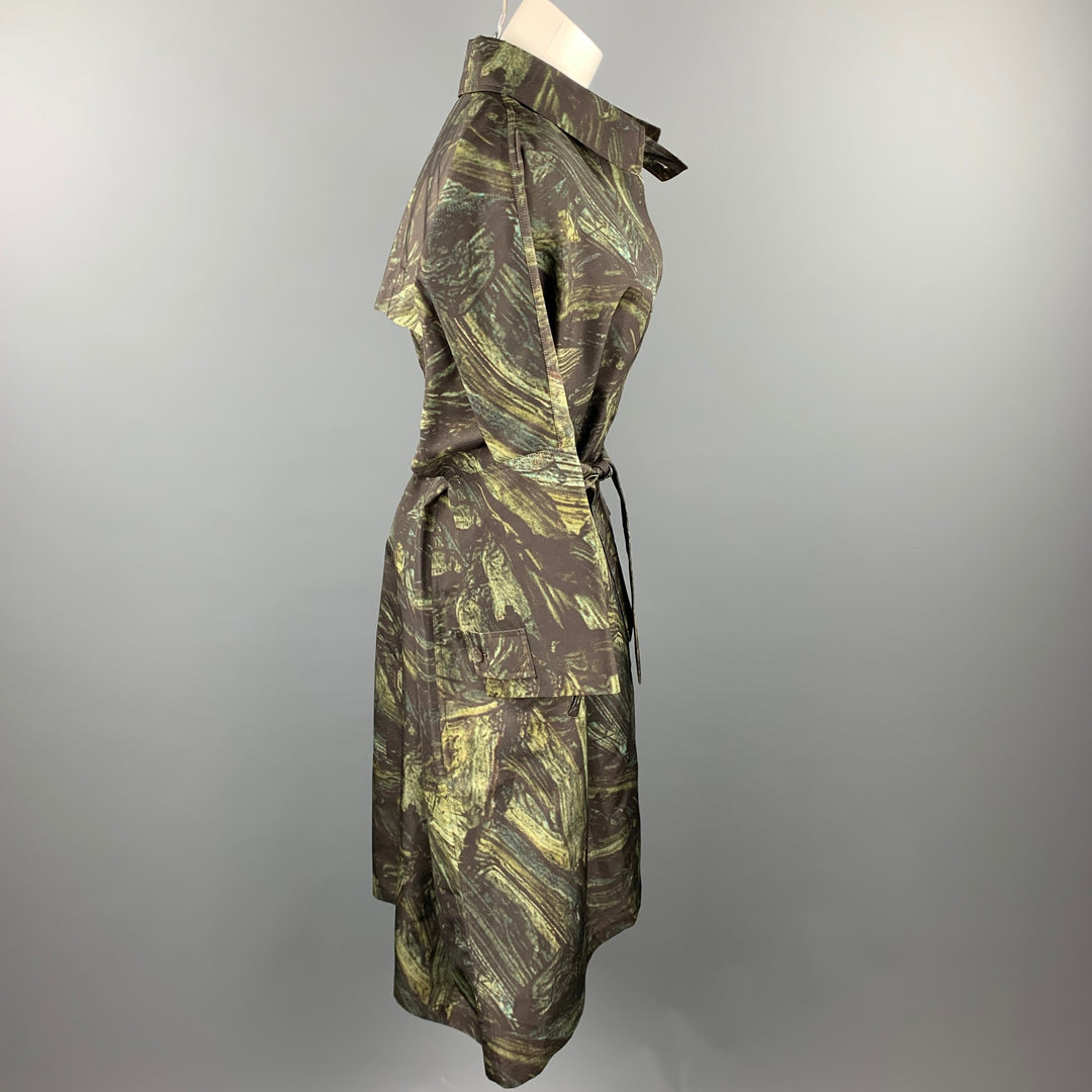 JIL SANDER Taille S Manteau surdimensionné en soie imprimé olive avec ceinture