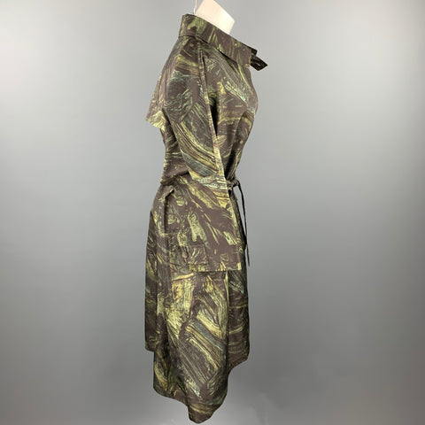 JIL SANDER Size S Olive Print Silk Belted Oversized Coat