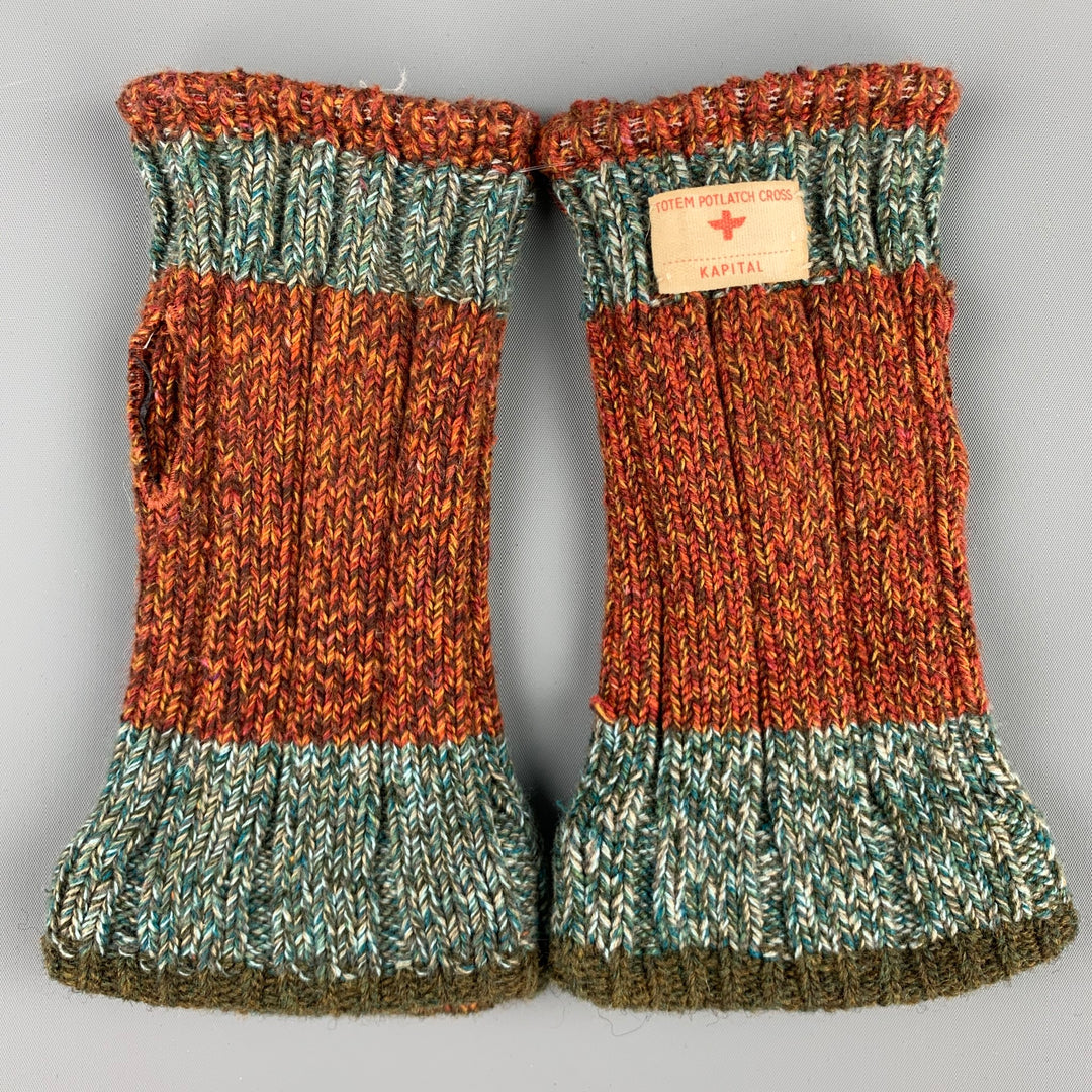 KAPITAL Brick & Olive Knitted Wool One Finger Gloves
