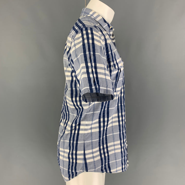 BURBERRY BRIT Talla M Camisa Manga Corta Algodón Cuadros Blanco Azul