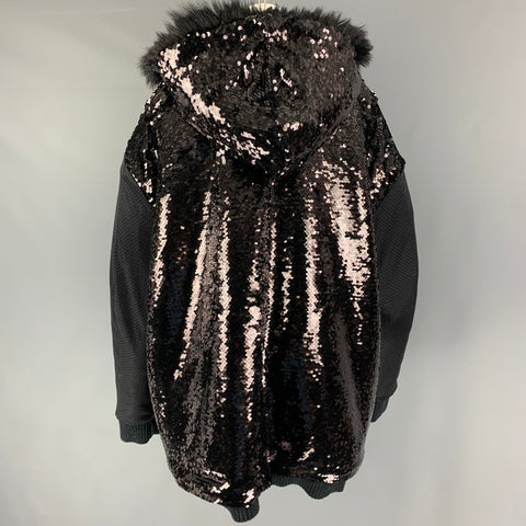 FAITH CONNEXION Size M Black Acrylic Blend Textured Faux Fur Reversible Coat