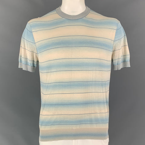 ZEGNA Size L White & Blue Stripe Crew-Neck T-shirt