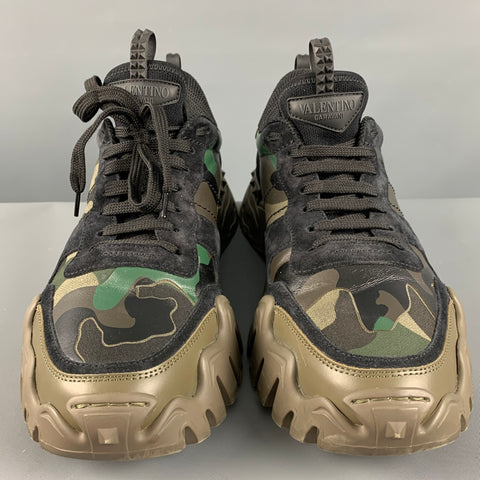 VALENTINO Size 10 Olive Black Camouflage Nylon Lace Up Sneakers