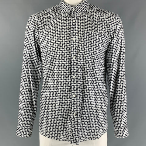SATURDAYS NYC Size L White, Black &  Grey Geometric Cotton Long Sleeve Shirt