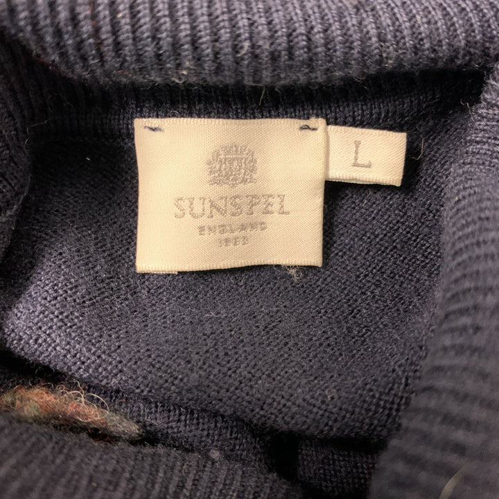 SUNSPEL Size L Navy Knitted Merino Wool Turtleneck Pullover