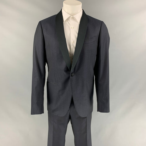 ETRO Size 40 Navy Rhombus Wool / Silk Shawl Collar Suit