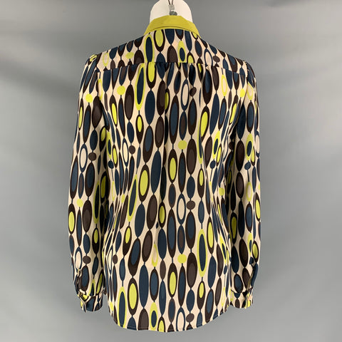 M MISSONI Size 4 Green, Blue & Cream Silk Abstract Blouse