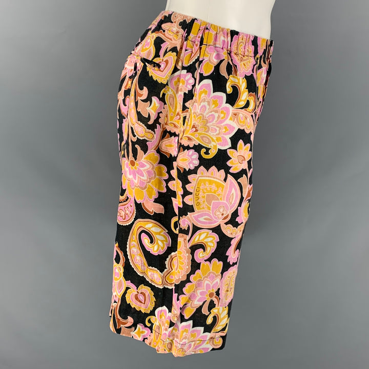 GUCCI Size 32 Purple Yellow Floral Cotton Flat Front Shorts