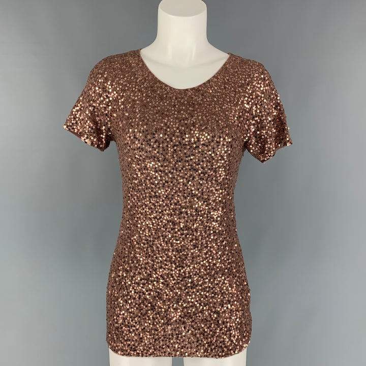 DONNA KARAN Size M Copper Cashmere / Silk Sequined Short Sleeve Dress Top