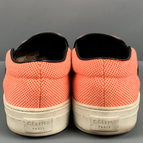 CELINE Size 8.5 Orange White Fabric Nailhead Slip On Sneakers