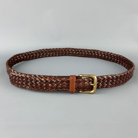 VINTAGE Size 36 Woven Brown Leather Gold Tone Brass Buckle Belt