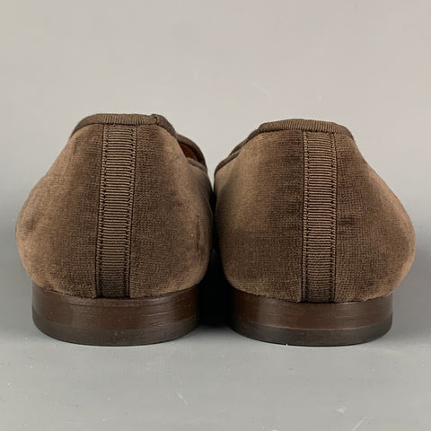STUBBS & WOOTTON Size 10.5 Brown Dragonfly Motif Embroidery Velvet Slip On Loafers