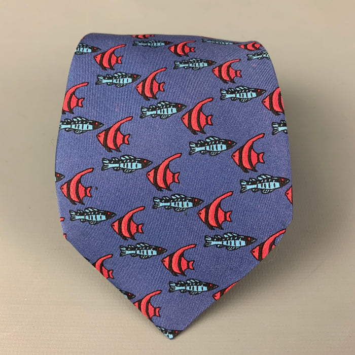 HERMES 7336 EA Blue Red Fish Silk Tie