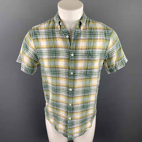 CHAMBRAY Size S Green Plaid Linen Button Down Short Sleeve Shirt