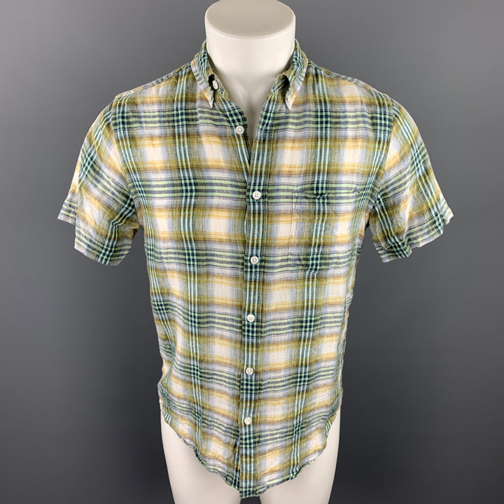 CHAMBRAY Camisa de manga corta con botones de lino a cuadros verdes talla S