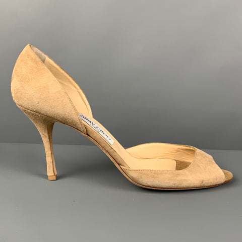 JIMMY CHOO Zapatos de salón con punta abierta de ante color topo Talla 13
