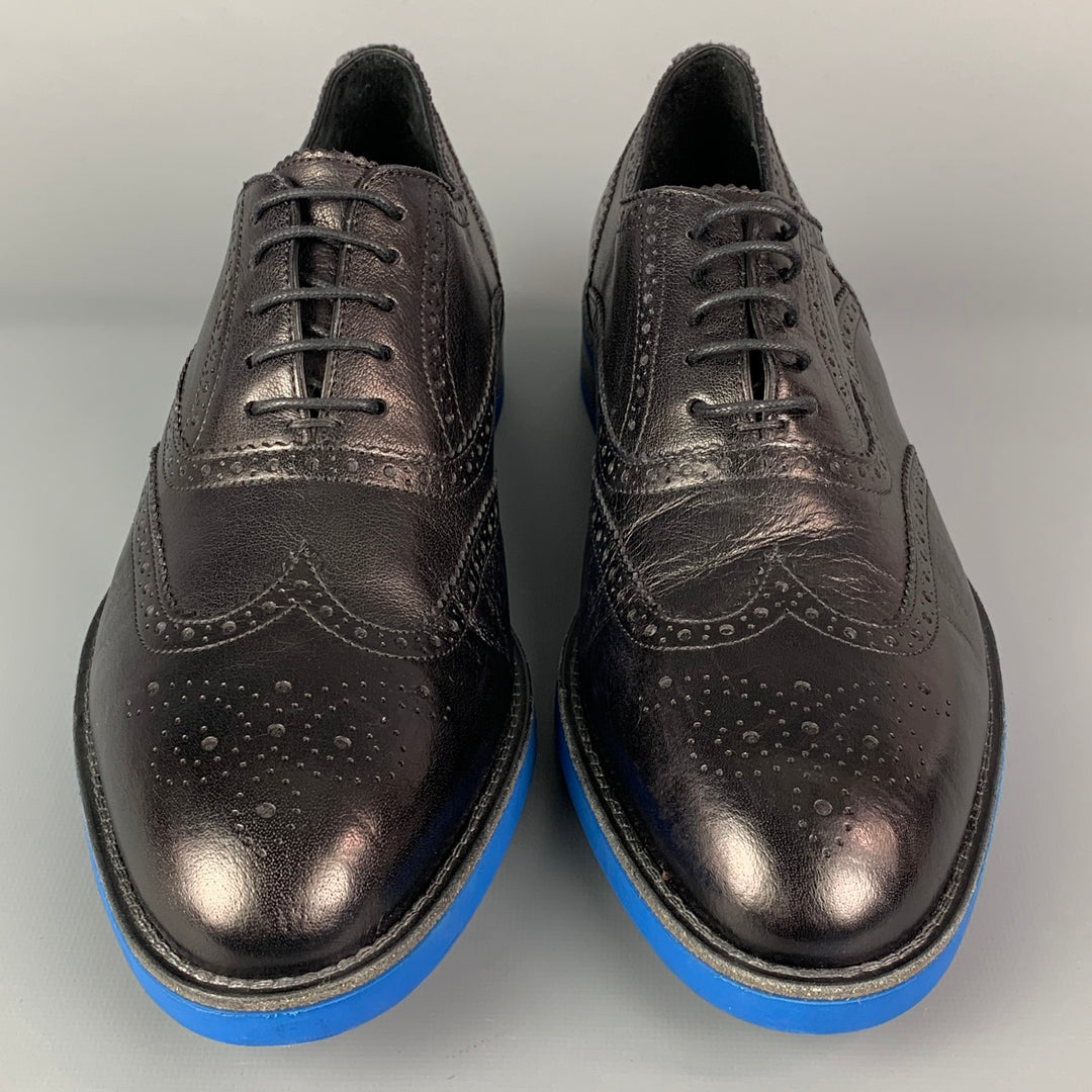 PAUL SMITH Size 10 Black Royal Blue Perforated Leather Wingtip Lace Up Shoes