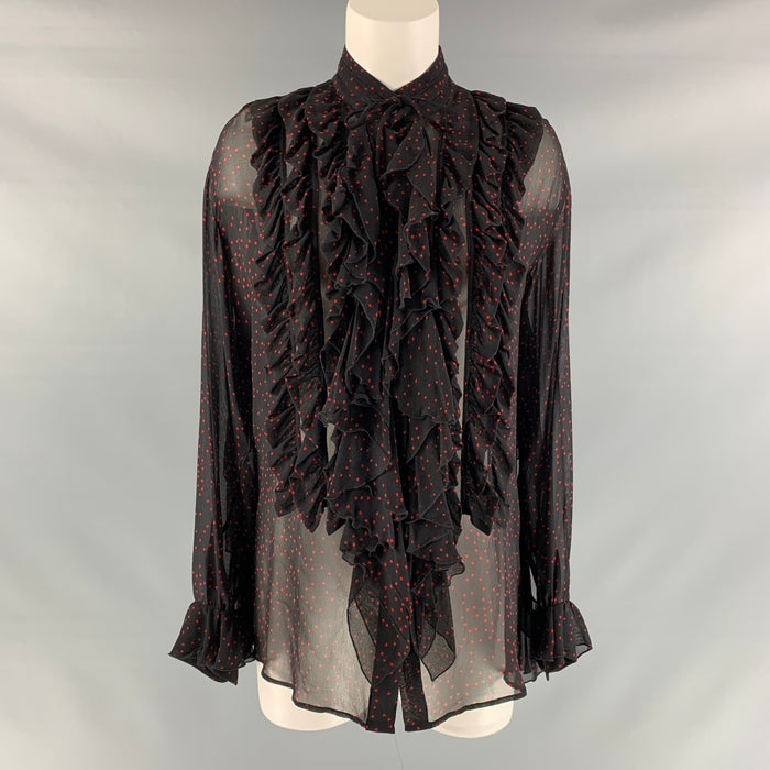 DRIES VAN NOTEN Size 4 Black &  Red Silk Stars Ruffle Shirt