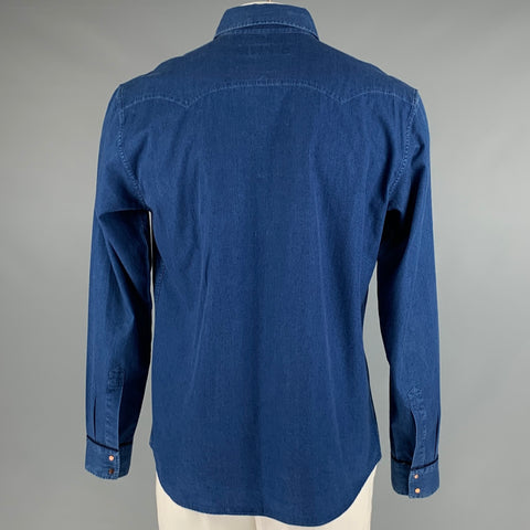 ETRO Size XL Indigo Cotton Snaps Long Sleeve Shirt