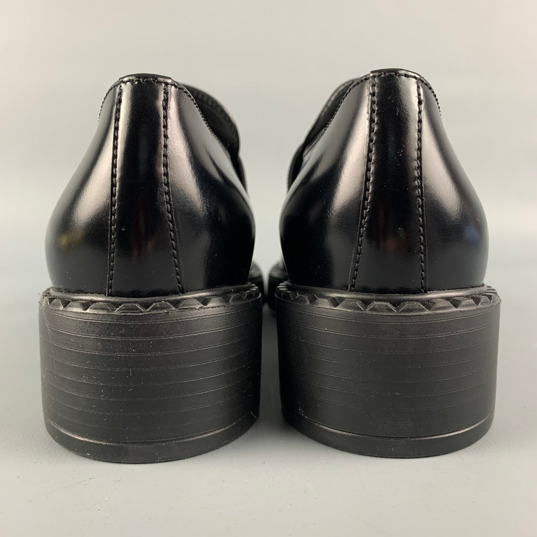 PRADA Size 7.5 Black Leather Triangle Logo Loafers