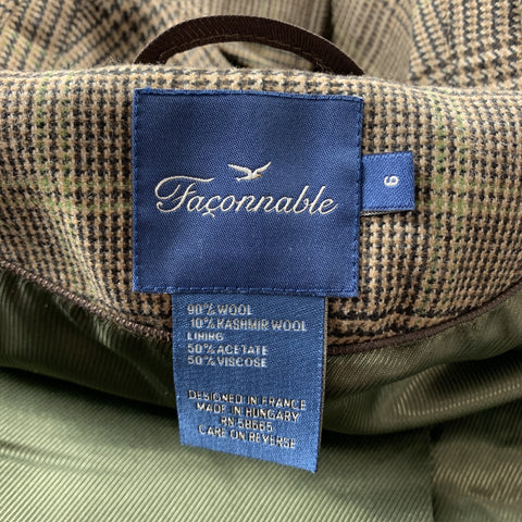 FACONNABLE Talla 6 Chaqueta con solapa de muesca de lana / cachemira a cuadros marrón Glen