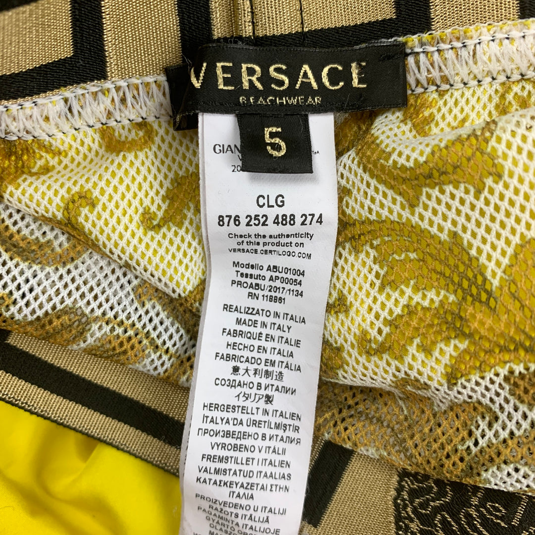 Versace Mesh Panel Grecian Logo Trunks In Black/gold, ModeSens