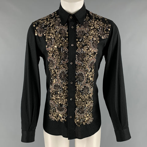 DOLCE & GABBANA Size S Black Gold Beaded Cotton Blend Long Sleeve Shirt