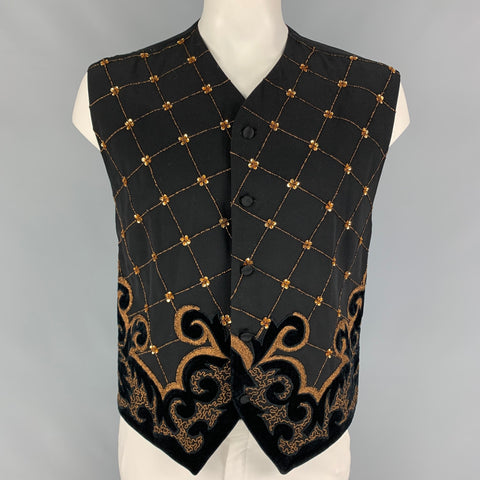 Vintage BYBLOS Size 42 Black Gold Embroidery Wool Buttoned Vest