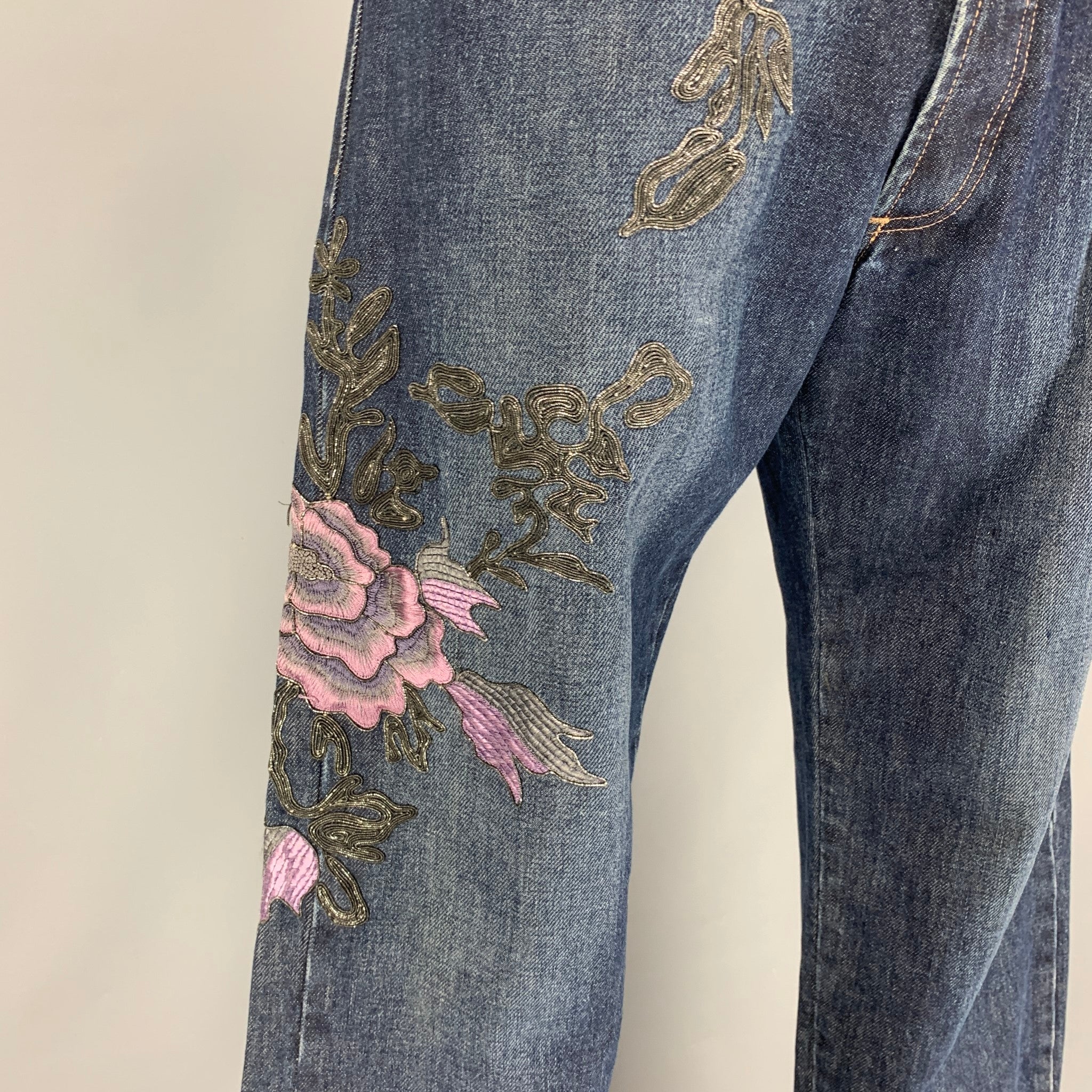 GUCCI by Tom Ford Fall 1999 Size 38 Blue Lavender Gunmetal Floral  Embroidery Denim Jeans