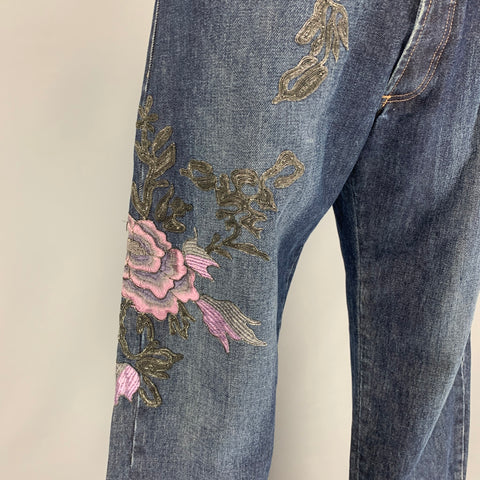 GUCCI by Tom Ford Fall 1999 Size 38 Blue Lavender Gunmetal Floral Embroidery Denim Jeans