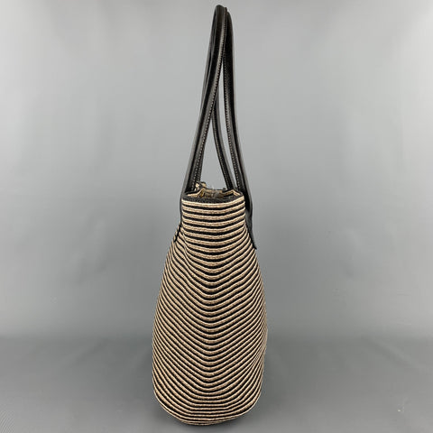 ERIC JAVITS Stripe Beige Straw Leather Tote Handbag & Leather Goods