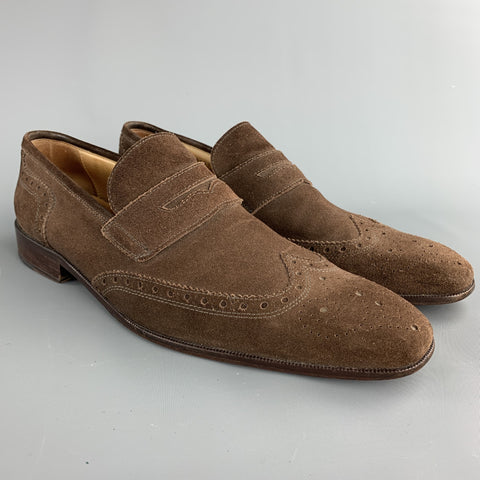 MERCANTI FIORENTINI Size 12 Brown Perforated Suede Wingtip Loafers