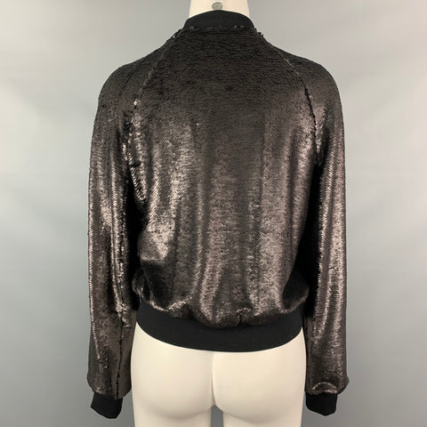 JUAN CARLOS OBANDO Size S Black Sequined Silk Textured Bomber Jacket