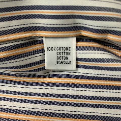 KITON Size XL White & Navy Orange Stripe Cotton Button Down Long Sleeve Shirt