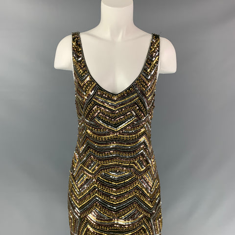 HAUTE HIPPIE Size L Forest Green & Gold Silk Beaded Sleeveless Dress