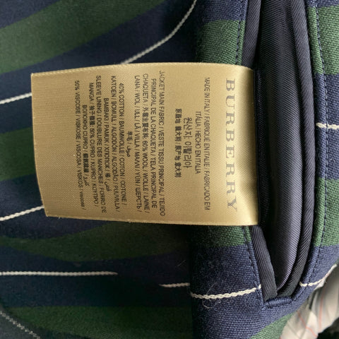 BURBERRY Taille 36 Costume à revers cranté en laine / coton à rayures verticales vert et bleu marine régulier