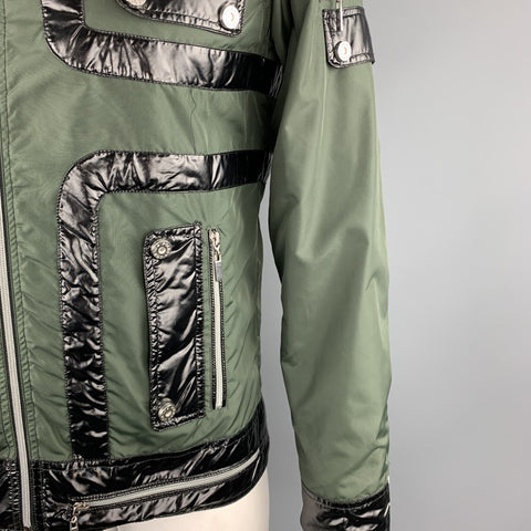 POLBOT Size L Olive & Black Solid Nylon Zip & Snaps Jacket