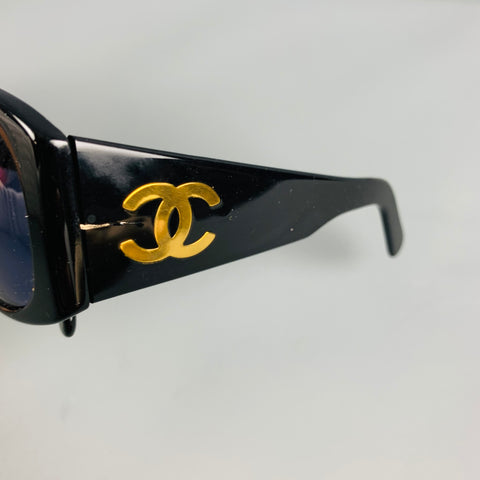 CHANEL Black Gold Logo Acetate Sunglasses