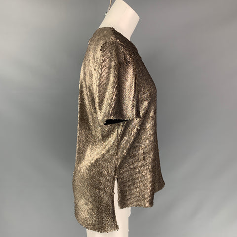 PRABAL GURUNG Size 6 Gold Polyester Sequined Short Sleeve Dress Top