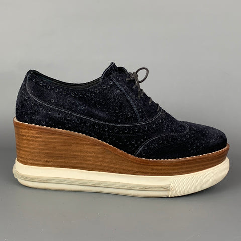 MIU MIU Cordones de cuña Oxford de ante azul marino y marrón talla 8,5