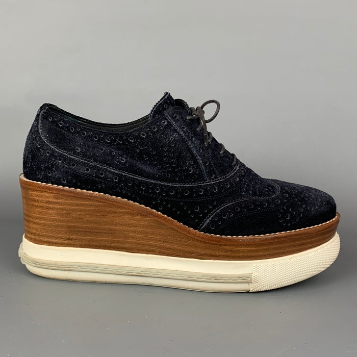 MIU MIU Size 8.5 Navy & Brown Suede Oxford Wedge Laces