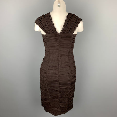 TADASHI Size 6 Brown Ruched Silk V-Neck Sleeveless Cocktail Dress