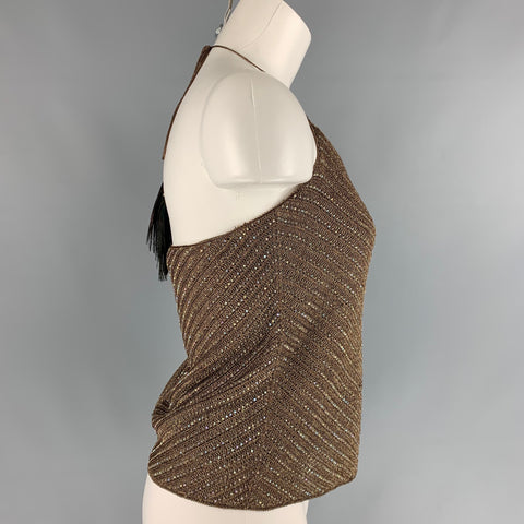 RALPH LAUREN Black Label Size L Gold Knitted Viscose Blend Peacock Feather Dress Top
