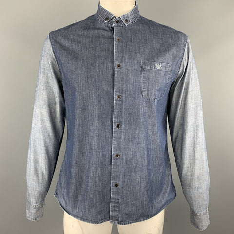 EMPORIO ARMANI Size XL Indigo Two Toned Cotton Button Down Long Sleeve Shirt