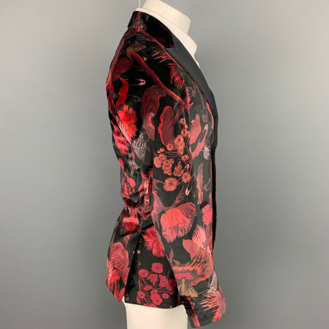 PAUL SMITH Soho Fit Size 36 Burgundy & Black Print Velvet Peak Lapel Sport Coat