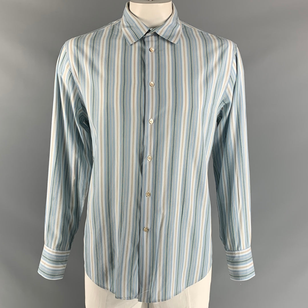 JOHN VARVATOS Talla L Camisa de manga larga con botones de algodón a rayas azules y topo