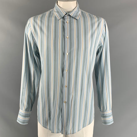 JOHN VARVATOS Size L Blue & Taupe Stripe Cotton Button Down Long Sleeve Shirt