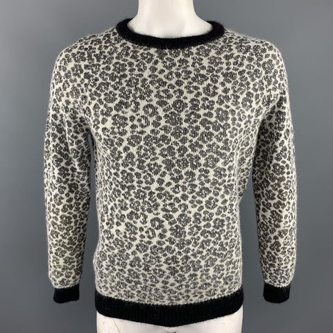 SAINT LAURENT Size L Black & White Leopard Print Mohair Blend Crew-Neck Sweater