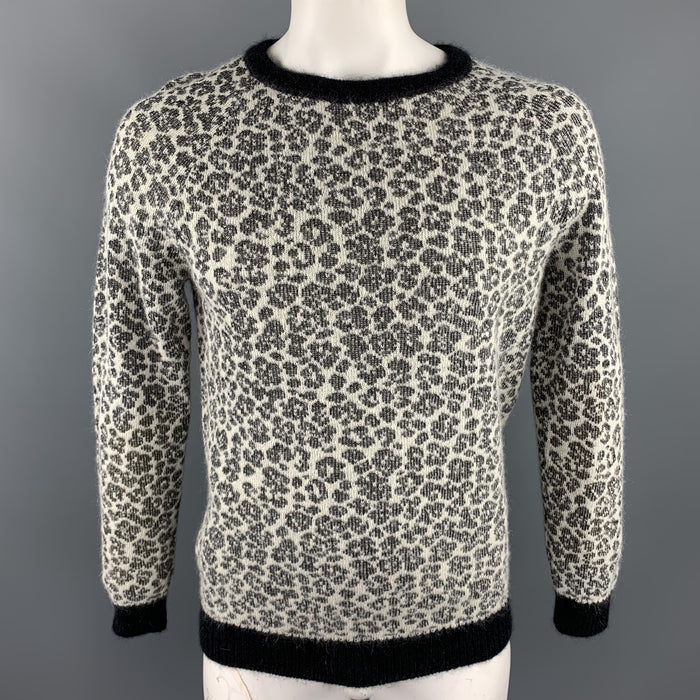 SAINT LAURENT Size L Black & White Leopard Print Mohair Blend Crew-Neck Sweater